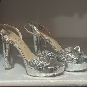 sliver Ashley Simpson size 8.5. I’ve only worn them once for a wedding